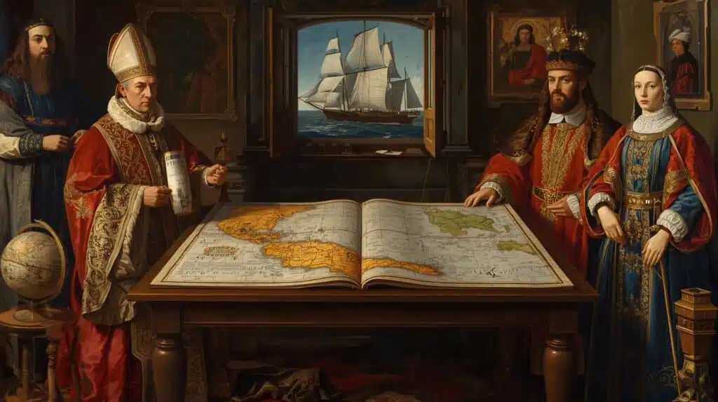 As bulas de Alexandre VI Ilustração histórica, estilo pintura a óleo realista, cena composta: ao centro um grande mapa náutico renascentista aberto sobre uma mesa de madeira — nele uma linha meridiana traçada a partir dos Açores/Cabo Verde e marcas de ‘100 léguas’. À esquerda, figura do Papa Alexandre VI em trajes papais ricos, segurando uma bula selada; à direita, dois monarcas espanhóis (Fernando e Isabel) em vestes régias, e ao fundo à esquerda, D. João II ou um embaixador português indignado. Em primeiro plano, um globo antigo, instrumentos náuticos (astrolábio, compasso) e uma caravela com velas desfraldadas vista por uma janela. Iluminação dramática tipo chiaroscuro, cores quentes e textura de pintura antiga, alta resolução, composição simétrica, atmosfera solene e tensa, detalhes históricos fiéis ao século XV.