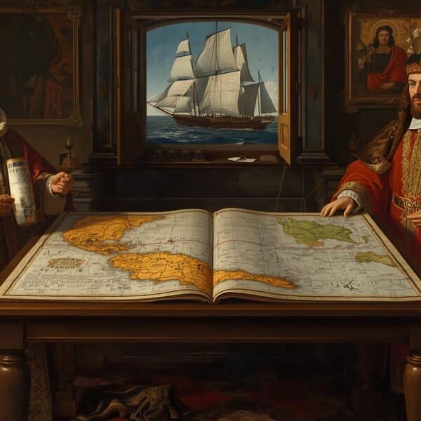 Ilustração histórica, estilo pintura a óleo realista, cena composta: ao centro um grande mapa náutico renascentista aberto sobre uma mesa de madeira — nele uma linha meridiana traçada a partir dos Açores/Cabo Verde e marcas de ‘100 léguas’. À esquerda, figura do Papa Alexandre VI em trajes papais ricos, segurando uma bula selada; à direita, dois monarcas espanhóis (Fernando e Isabel) em vestes régias, e ao fundo à esquerda, D. João II ou um embaixador português indignado. Em primeiro plano, um globo antigo, instrumentos náuticos (astrolábio, compasso) e uma caravela com velas desfraldadas vista por uma janela. Iluminação dramática tipo chiaroscuro, cores quentes e textura de pintura antiga, alta resolução, composição simétrica, atmosfera solene e tensa, detalhes históricos fiéis ao século XV.