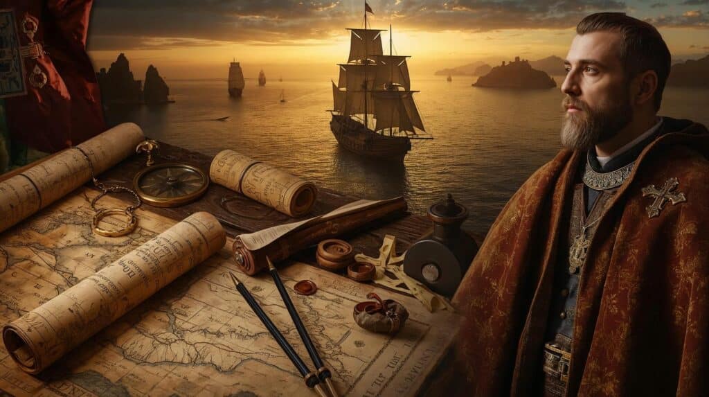 Partilha das Terras Descobertas - Ratificações da expansão portuguesa pela Santa Sé Cena histórica simbólica da expansão portuguesa do século XV: à esquerda, um mapa náutico antigo sobre uma mesa de madeira com bússola, astrolábio e cartas, selos de cera e duas bulas papais abertas com inscrições latinas; ao centro, uma caravela portuguesa ancorada sob vela desfraldada no mar dourado ao pôr-do-sol; à direita, figura do Infante Dom Henrique em trajes de nobre medieval com a cruz da Ordem de Cristo visível no manto, olhando para o horizonte; ao fundo, silhuetas de ilhas (Madeira, Açores) e navios menores; atmosferas de autoridade religiosa e desafio marítimo; composição com profundidade, textura rica, leve granulação de pintura antiga, foco nítido nos objetos do primeiro plano, luz quente incidindo em papéis e rosto do Infante, tom épico e documental.