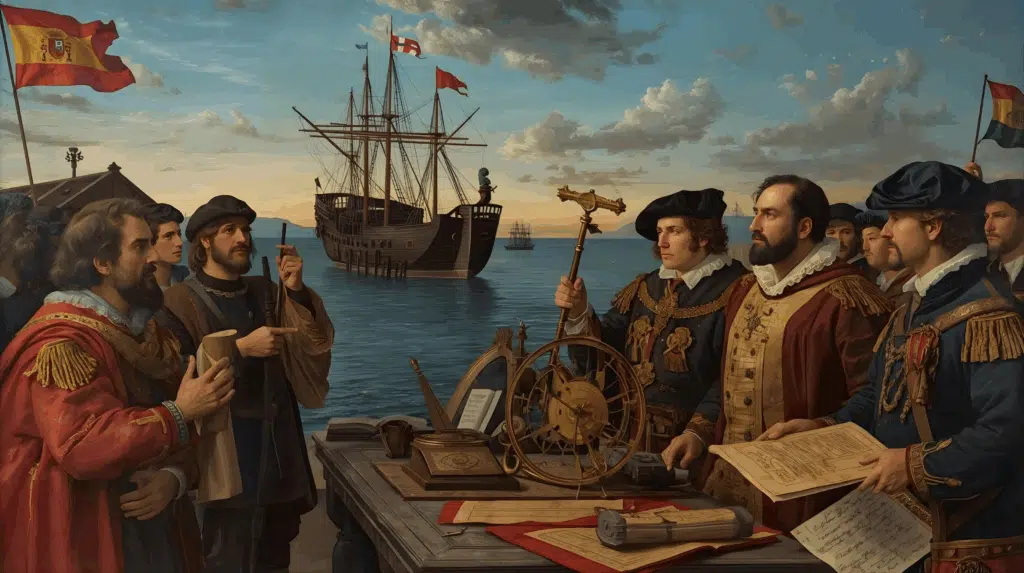Tentativas de demarcação do meridiano do Tratado de Tordesilhas Cena histórica realista, estilo pintura a óleo do século XVI com iluminação dramática: um convívio tenso entre embaixadores portugueses e espanhóis reunidos numa enseada de Cabo Verde ao entardecer — duas caravelas ancoradas ao fundo, mar calmo e bandeiras de ambos os reinos; cartógrafos e pilotos agrupados em primeiro plano segurando astrolábios, quadrantes, réguas e pergaminhos com cálculos (sem mapas visíveis); um cosmógrafo apontando para a linha do horizonte com um bastão, outro consultando estrelas num pequeno astrolábio portátil; vestimentas detalhadas da corte ibérica, cores ricas (vermelho, dourado, azul-marinho), expressões tensas e concentradas; atmosfera de debate científico e diplomático.
