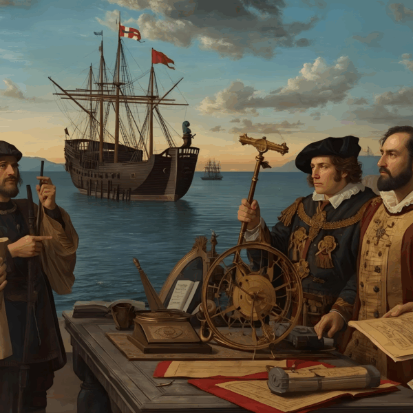 Cena histórica realista, estilo pintura a óleo do século XVI com iluminação dramática: um convívio tenso entre embaixadores portugueses e espanhóis reunidos numa enseada de Cabo Verde ao entardecer — duas caravelas ancoradas ao fundo, mar calmo e bandeiras de ambos os reinos; cartógrafos e pilotos agrupados em primeiro plano segurando astrolábios, quadrantes, réguas e pergaminhos com cálculos (sem mapas visíveis); um cosmógrafo apontando para a linha do horizonte com um bastão, outro consultando estrelas num pequeno astrolábio portátil; vestimentas detalhadas da corte ibérica, cores ricas (vermelho, dourado, azul-marinho), expressões tensas e concentradas; atmosfera de debate científico e diplomático.