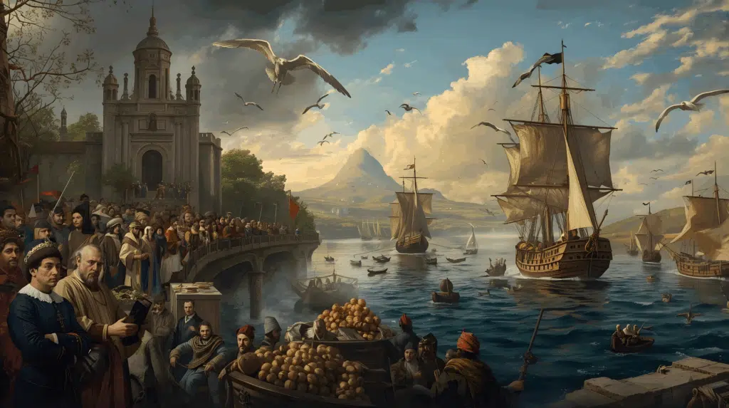 Viagem de Pedro Ávares Cabral Viagem de Pedro Ávares Cabral — sequência visual em uma única imagem ou painel dividido em cenas conectadas. Primeiro plano esquerdo: missa solene na Ermida do Restelo em Belém ao amanhecer — clero, fidalgo e reis em trajes do início do século XVI, procissão, velas e barcos no Tejo prestes a zarpar; embarque de marinheiros e estiva de provisões. Centro: a frota em mar aberto sob céu amplo — naus e caravelas com velas desfraldadas, cordame, bandeiras de Portugal; destaque para uma nau em dificuldade (a nau de Vasco de Ataíde) com velas danificadas e marujos à deriva buscando-na, sugerindo perda. Sequência de navegação: pequenas vinhetas integradas — ilhas canárias avistadas, o arquipélago de Cabo Verde passando ao longe, mapa náutico com rota marcada rumo ao sudoeste, cruzando a linha equatorial (sutileza: latitudes/estrelas). Em destaque narrativo à direita: sinais de terra — ervas compridas boiando ('botelho'), aves exóticas no céu ('fura-buchos'), e ao fundo o relevo marcante do 'Monte Pascoal' — monte alto e redondo iluminado pela luz dourada da manhã de Páscoa; mais ao sul, terra chã com grandes arvoredos rotulada 'Vera Cruz'. Na base, convés com marinheiros observando, Pêro Vaz de Caminha escrevendo em seu pergaminho, pilotos conferindo instrumentos, atmosfera de tensão e esperança.