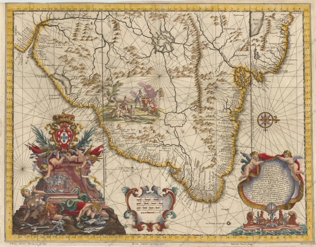 Mapa do Brasil de 1698 Map of Brazil from 1698.This splendid map of the Brazil, including portions of neighboring countries, was one of 23 maps from this rare account of the Dutch-Portuguese colonial war. Written by Joao José de Santa Teresa, and known among bibliophiles as the Santa Teresa, it is considered one of the most sumptuous 17th century works on Brazil. Santa Teresa, a Portuguese Carmelite spent twelve years in the Jesuit missions of South America and then returned to Europe where he became librarian of the college of the Jesuits in Rome. His account was heavily subsidized by Pedro II of Portugal, and some of the period's leading artists and engravers, including Antonio Horacio Andreas, were engaged to work on the project. It was published by Giacomo Giovanni Rossi. The map itself is beautifully drawn and provides excellent detail of the coastlines of Brazil, Argentina, Uruguay, French Guiana, Suriname and Guyana from Rio de la Plata in the south to beyond the mouth of the Amazon river in the north. Despite what little was known of the interior of Brazil during the time period, the interior is filled with mountains, rivers and the fictitious Porto dos Reis in Brazil and Lake Parime in Guyana. A large compass rose orients the map with north to the right. The map is elaborately adorned with two cartouches, a vignette of cannibalism, and an allegorical scene with Brazil's royal coat of arms at top with two putti holding chains restraining Hippolyta, the Amazonian Queen, and Medusa. A Rare Map of Brazil from the "Santa Teresa" "Il Regno del Brasile parte nobilisima del Mondo nuouo…", Horatius, Andreas Antonius. Publication: Istoria delle Guerre del Regno del Brasile.