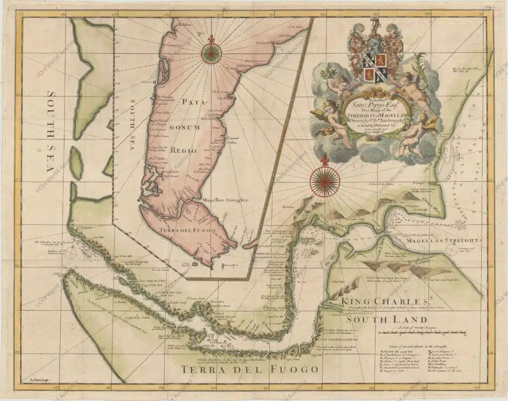 Mapa do Estreito de Magalhães de 1694 Map of Strait of Magellan from 1694In 1670, John Narborough was the first Englishman to sail through the Strait of Magellan in both directions; thus demonstrating the falsity of the accepted wisdom that the wind and currents would prevent any eastward passage of the strait. He had been commissioned by James, Duke of York (later James II), to sail to South America to investigate potential trade possibilities. Narborough's expedition proved that a profitable trade with South America was possible, and this set the course of Britain's foreign policy for the next half century. Narborough first published his journal of the voyage in An Account of Several Late Voyages… in 1694, edited by Tancred Robinson and printed by Sam Smith and Benjamin Walford. The book included this map of the Strait of Magellan as well as a map of the region around the North Pole. Narborough's map provides a detailed view of the tortuous course of the strait with soundings and safe anchorages carefully noted. There are several notations along the coasts describing the countryside, and a lettered key at bottom right identifies numerous islands found within the strait. A large inset map shows Patagonia and Tierra del Fuego. The map is handsomely adorned with two large compass roses and a title cartouche held aloft by putti and supporting a dedication to Sam Pepys Esquire. Narborough's book was again republished in 1711, with the dedication cartouche on this map changed to Robert Earle of Oxford. Narborough's description of the Strait of Magellan provided the basis for British charts of the strait until the time of Captain Cook. Both the original Narborough map and the Thornton re-issues are extremely scarce. We have only found one record of the first state of Narborough's map being on the market in the past 25 years. First Edition of Narborough's Scarce Map of the Strait of Magellan "To the Honble. Sam: Pepys Esqr. This Mapp of the Streights of Magellan Drawn by Sr Ion. Narbrough...", Narbrough, John