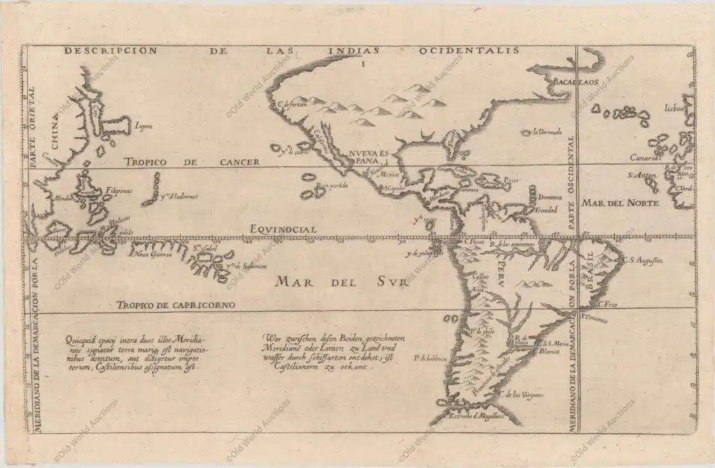 Mapa do Hemisfério Ocidental de 1623 Map of the Western Hemisphere from 1623 - This scarce and important map of the Americas and the Pacific Ocean is based on the manuscript charts of Juan Lopez de Velasco. It depicts the Papal line of demarcation between the Portuguese and Spanish spheres of influence. Being Spanish in origin, the map places the Philippines and Moluccas some 40 degrees too far east. There are both Latin and German script notations in the South Pacific. Johann Theodore de Bry continued his father's Grands Voyages with his publication of the twelfth part, which was an edition of Antonio de Herrera y Tordesillas' collection of voyages. "Descripcion de las Indias Ocidentalis", Bry, Johann Theodore de